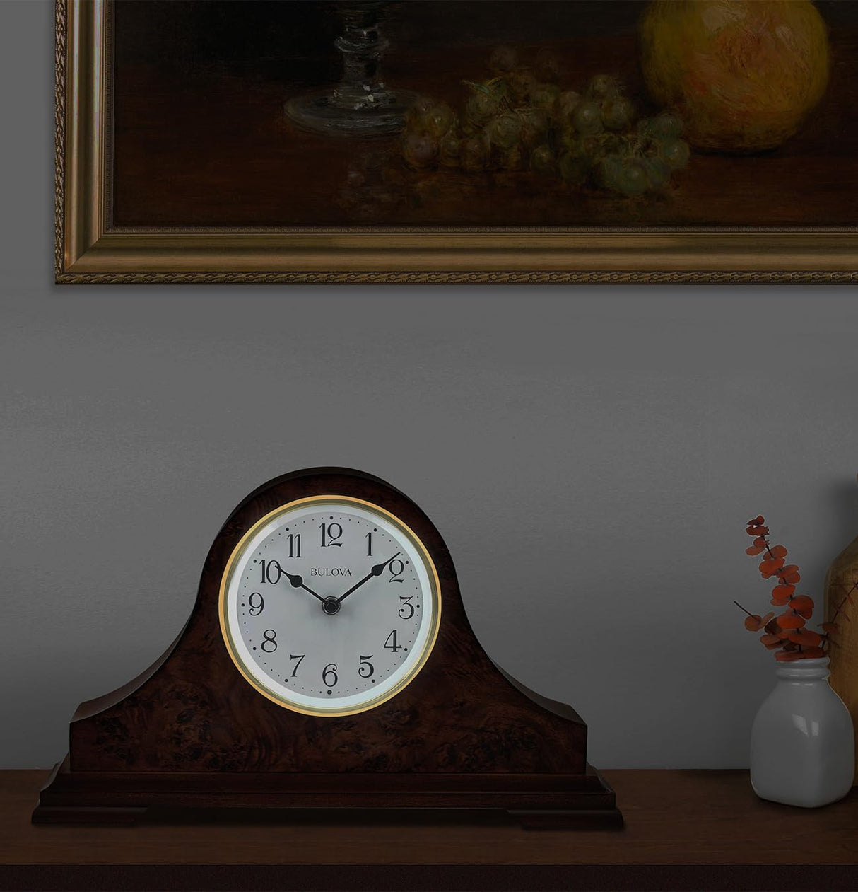 Bulova Chandler Lighted Mantel Clock, Model B1853 | Elegant Design | Illuminated Dial | Quartz Movement | Cherry Wood Finish | Battery Operated Bulova