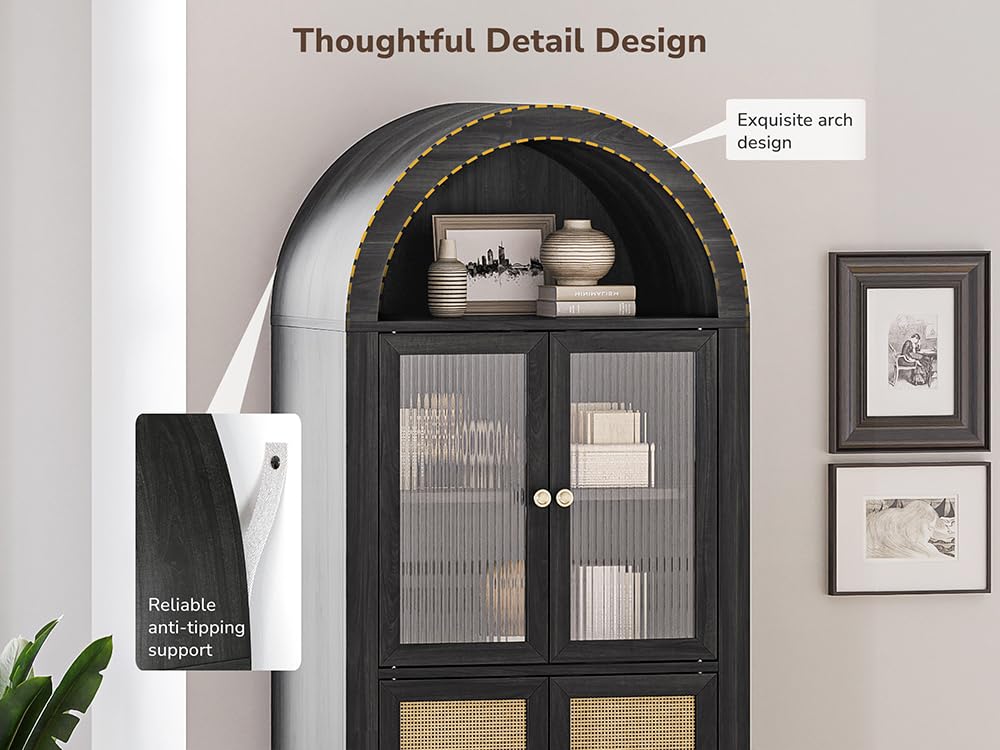 BELLEZE Modern Arched Kitchen Pantry, 5-Tier Wood Decorative Storage Cabinet with Reeded Glass Door and Adjustable Shelves, Freestanding Accent Display Cabinet for Home Living Room, Black BELLEZE