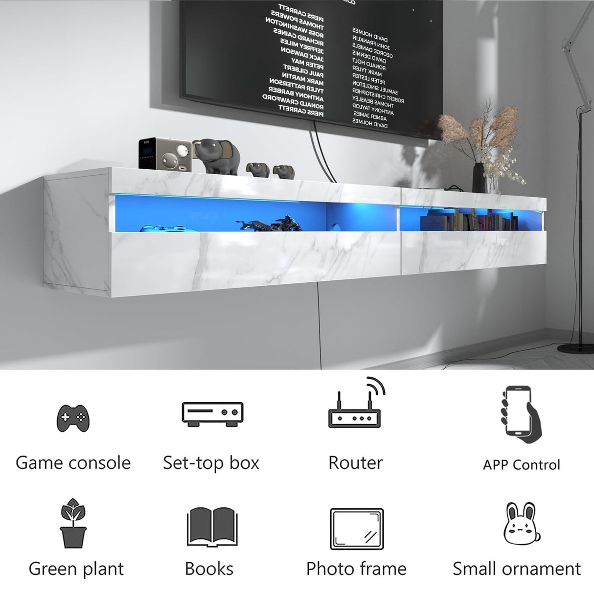 Floating TV Stand Wall Mounted with Power Outlet, Modern Floating Entertainment Center for 80 Inch TV, High Gloss Floating TV Shelf with LED Lights for Living Room, Bedroom, Marble White Doredo