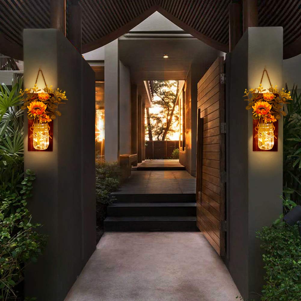 OurWarm Sunflower Wall Sconces Set of Two, Mason Jar Sconces Farmhouse Wall Decor Comes with Remote Control and Warm Toned LED Lights, Rustic Sunflower Decor for Home Kitchen Dining Room Living Room OurWarm