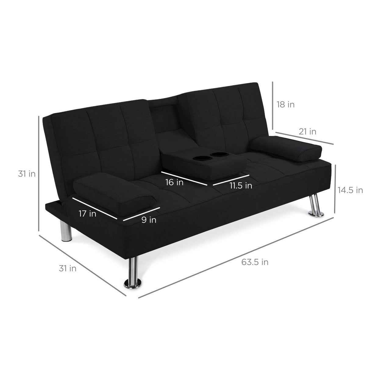 Best Choice Products Linen Modern Folding Futon, Reclining Sofa Bed for Apartment, Dorm w/Removable Armrests, 2 Cupholders - Black Best Choice Products
