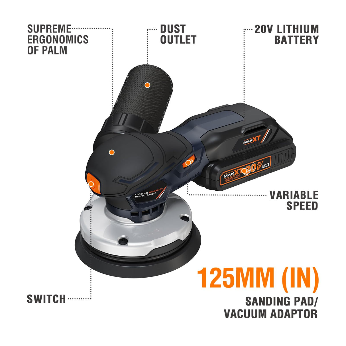 MAXXT Cordlees Random Orbital Sander, Burshless 20V Electric Sander, 7 Variable Speed Palm Sander, 4000-10000RPM, Dust Collector, Portable Sander Tools Kit for Woodworking(Battery Included) MAXXT