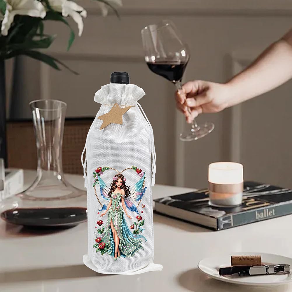 Diamond Art Painting Wine Bottle Gift Bags Kit DIY Linen Wine Wrapping Bags with Diamond Art Design, Champagne Decorative Bags for Christmas, Weddings, Birthdays, and Parties (Fairy) WoodArtSupply