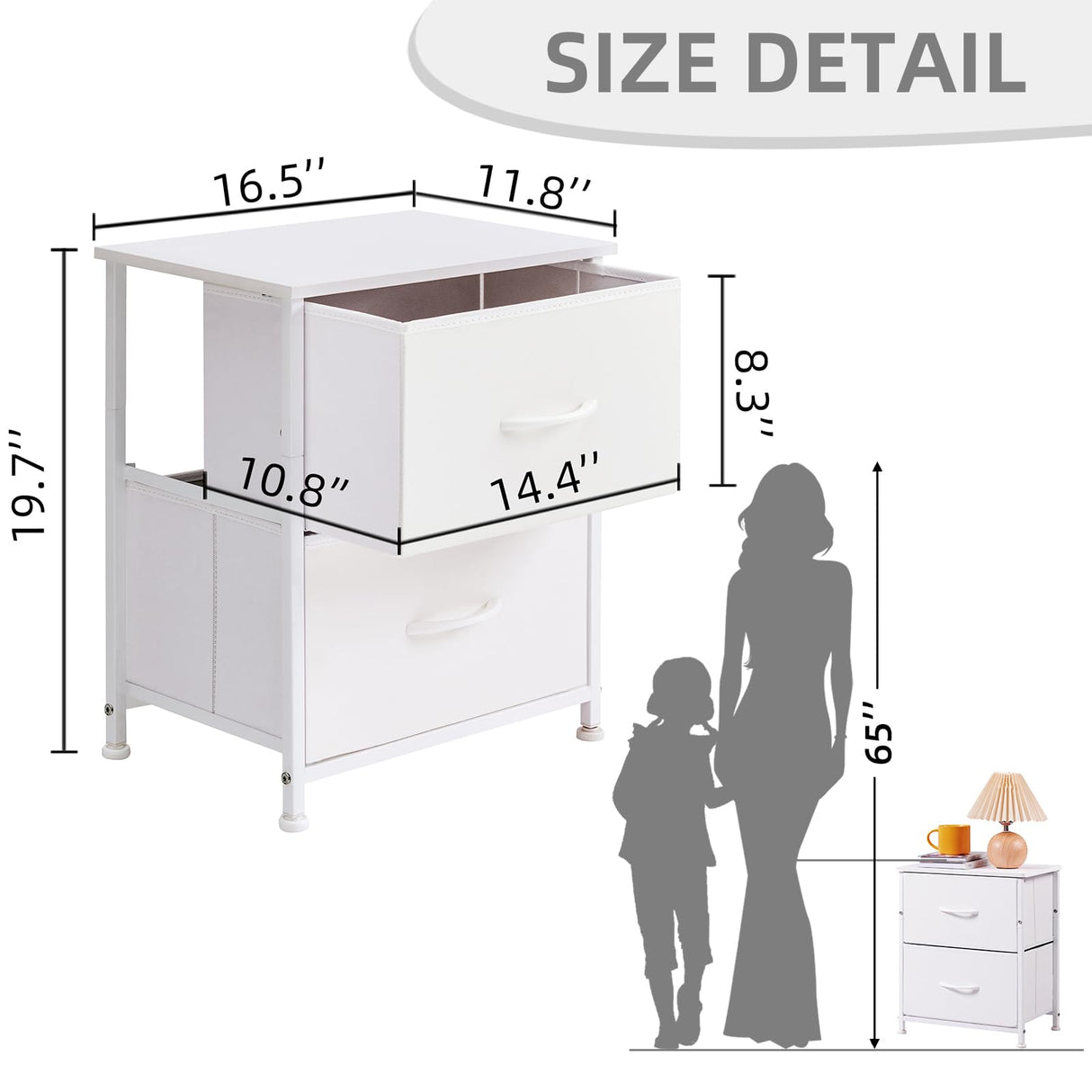 Somdot White Nightstand, Small Dresser for Bedroom with 2 Drawers, Bedside Table Night Stand End Table with Fabric Bins for Bedroom Kids Closet Dorm Guest Room, White Leather Somdot