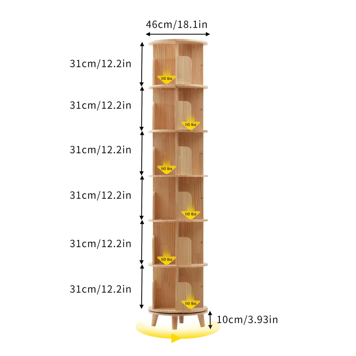 LyeXD 6-Tier Rotating Wood Bookshelf - Multi-Functional Display Bookcase for Any Room LyeXD