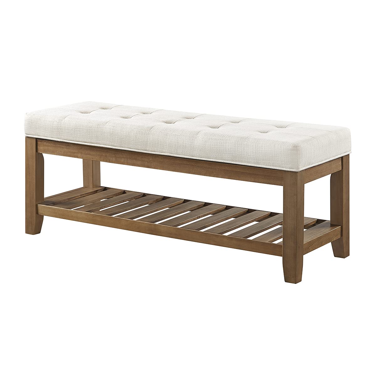 24KF Large Rectangular Upholstered Tufted Linen Ottoman Bench, Padded Bench with Solid Wood Shelf-Ivory 24KF