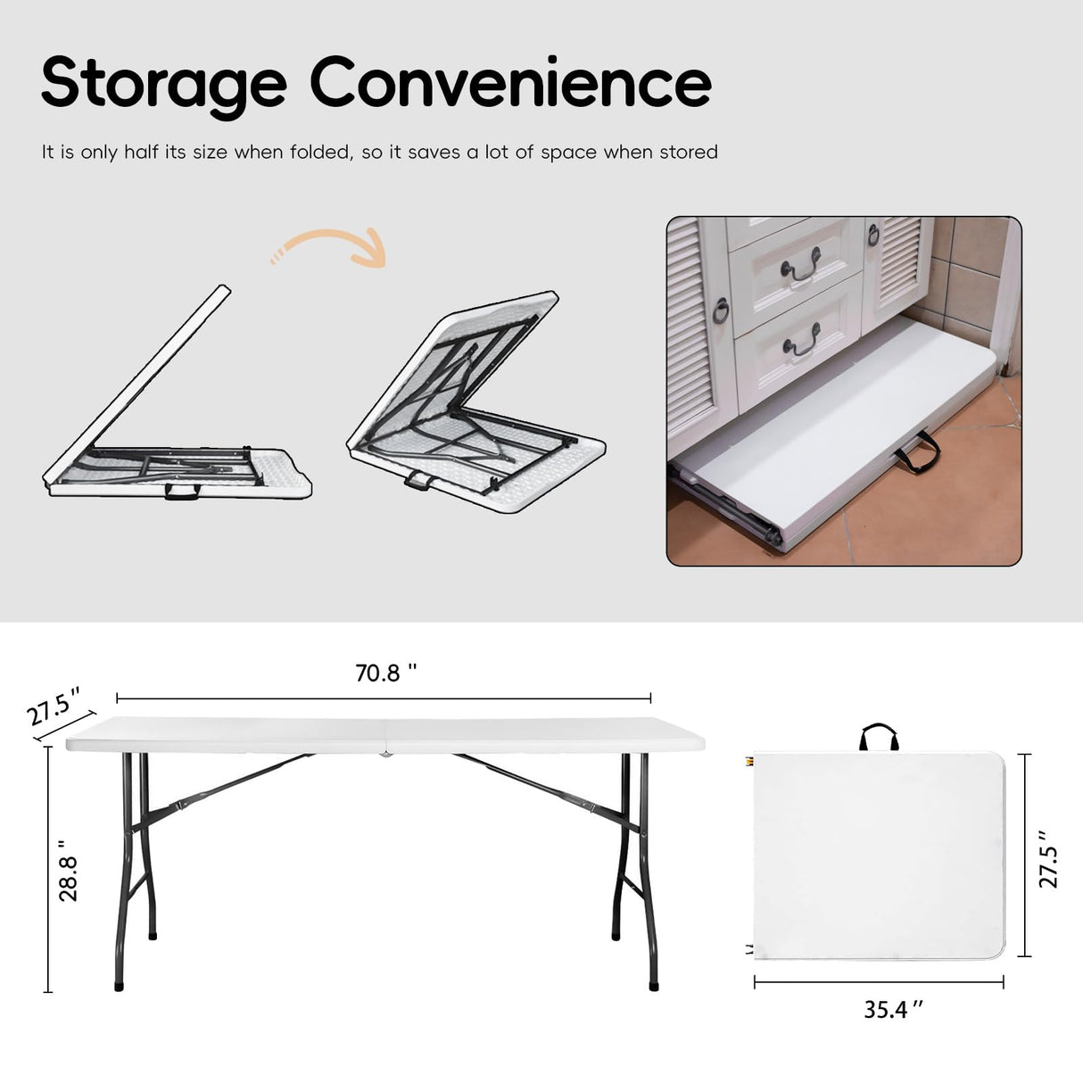 6FT Folding Table HDPE Foldable Desk Banquet Surface Fold-in-Half Utility for Working Meeting Parties, Picnic, Camping, Weddings, Catering, Garden Dining-White pollilar