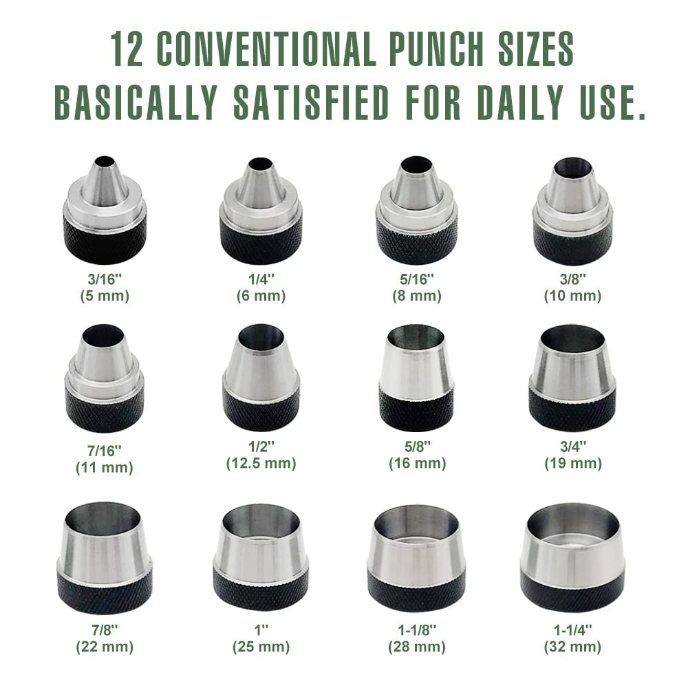 SENROG 12 in 1 Hole Punch Set, Hollow Punch Set for Leather, Gasket Hole Punch Set, Rubber Hollow Hole Punch Set, Plastic Sheet Gasket Punch Set, 3/16'' to 1-1/4'' Hole Punch Kit with Handle SENROG