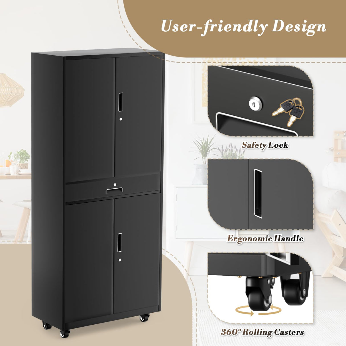 Athena Collection 4 Tier Storage Cabinet with Wheels, Large Capacity 73" Garage Metal Storage Cabinet with Drawer and Adjustable Shelves, Lockable Utility Tall Cabinet for Home Office, Black Athena Collection