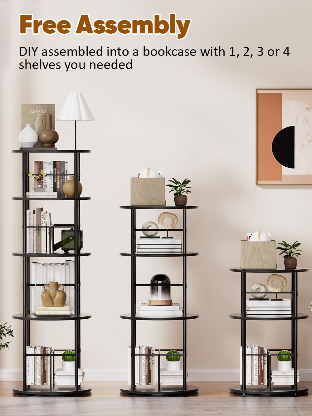 Rotating Bookshelf Tower, 4 Tier Corner Bookshelf for Small Space, 360 Display Spinning Bookcase, Floor Standing Book Shelves Storage Rack Narrow Round Book Shelf Organizer for Bedroom, Living Room Turosur