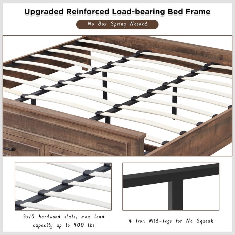 ACCOHOHO Rustic King Size Bed Frame with 52" Tall Headboard and Hidden Storage Drawers, Light Brown ACCOHOHO