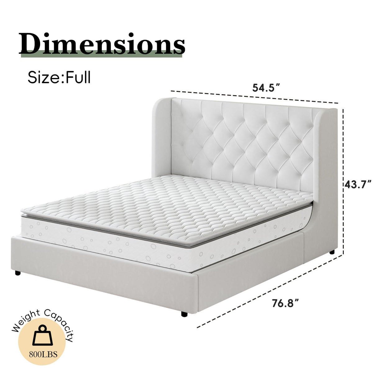 HOMBCK Full Size Bed Frame, Upholstered Bed Frame Full with Soft Curved Wings Velvet Tufted Headboard, Sturdy Wooden Slats Support, No Box Spring Required, Noise Free, Easy Assembly, White HOMBCK