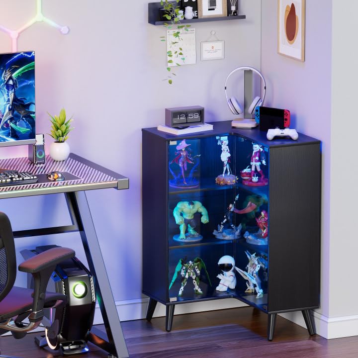 PAKASEPT 3-Tier Corner Glass Display Cabinet with LED Lights for Collectibles,Display Case with Tempered Glass Doors,Curio Cabinet with 6 Adjustable Shelves,Kids Bookcase for Bedroom, Living Room PAKASEPT