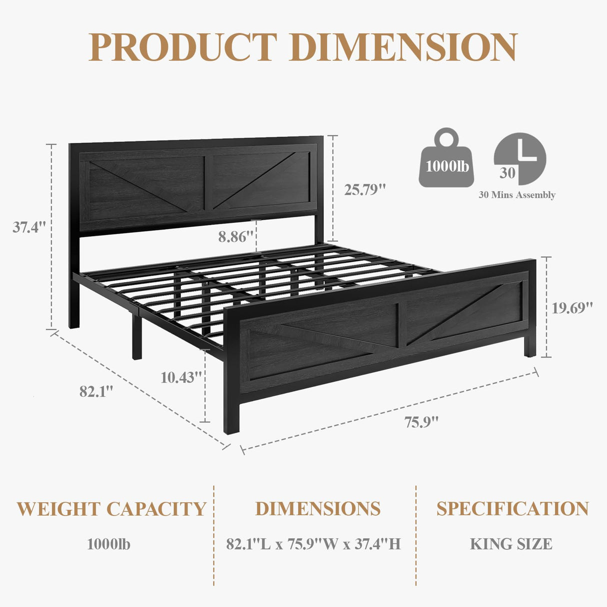 DOGIBIXO Led Bed Frame King Size with USB Charging Station, Industrial Platform Bed Frame with Farmhouse Barn Door Headboard, Strong Metal Slats Support, Noise Free, No Box Spring Needed, Black DOGIBIXO