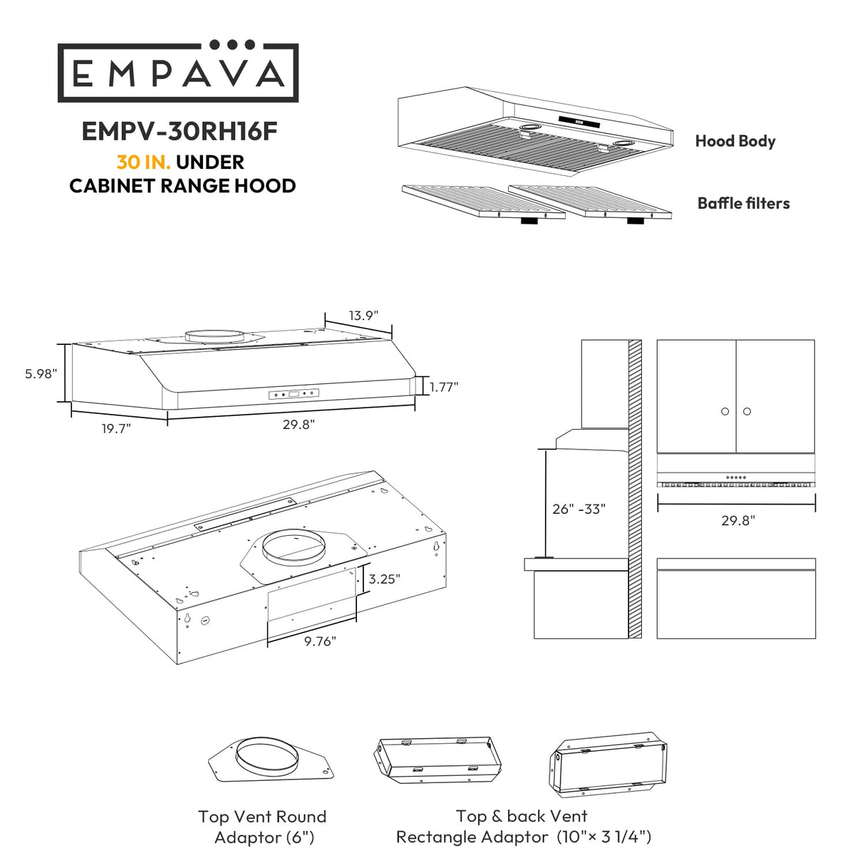 Empava Ductless/Ducted Range Hood Under Cabinet 30 Inch, Touch Control, 300 CFM Plug in, Stainless Steel Empava