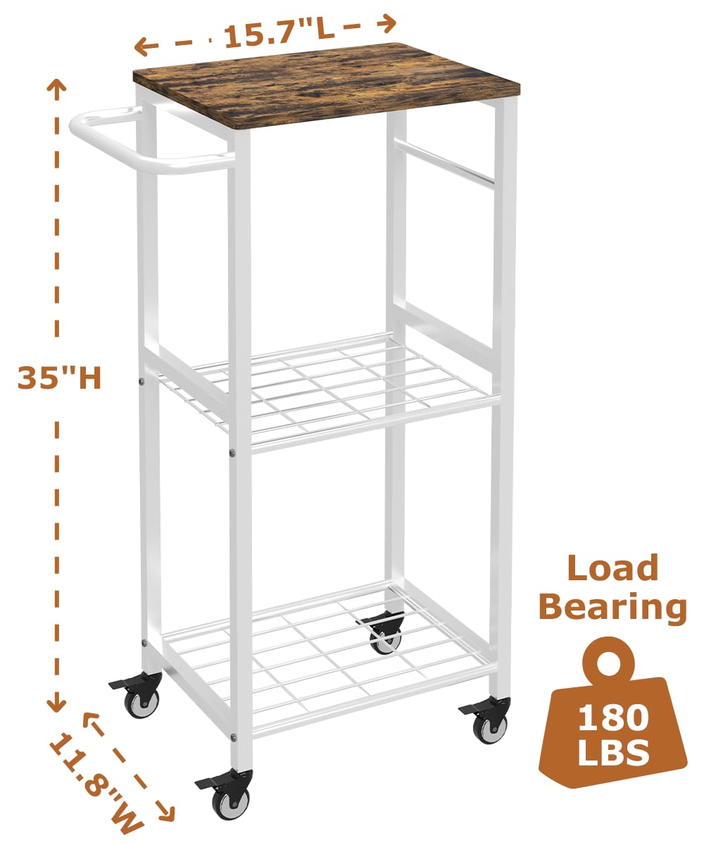 Sungaryard 3-Tier Rolling Kitchen Cart Microwave Stand on Wheel, Movable Coffee Bar Cart with Metal Handle, Bakers Rack with 8 Hooks Utility Cart for Living Room, Bedroom, Bathroom, Office, White Sungaryard