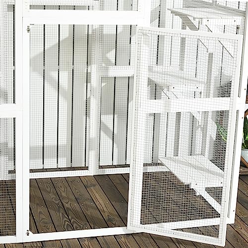 PawHut Outdoor Cat House Big Catio Wooden Feral Cat Shelter Enclosure with Large Spacious Interior, 6 High Ledges, Weather Protection Asphalt Roof, 71" L, White PawHut