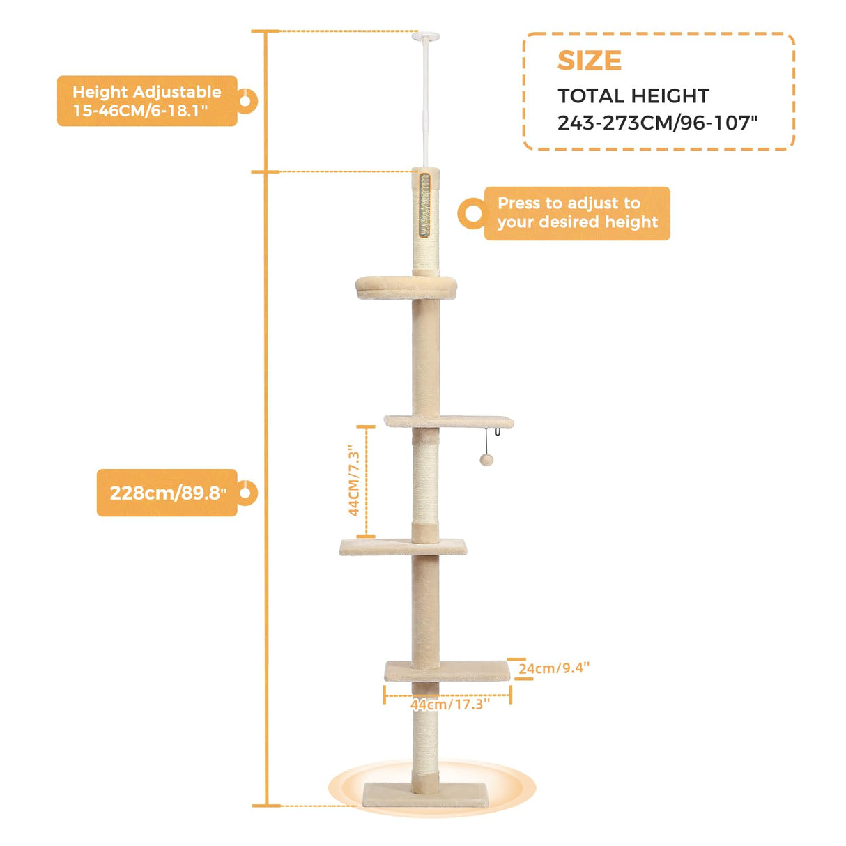 PETEPELA Floor to Ceiling Cat Tree, Cat Tower 5-Tier Height(95-107 Inches) Adjustable, Tall Cat Climbing Tree Featuring with Scratching Post, Cozy Bed,Interactive Ball Toy for Indoor Cats/Kitten Beige PETEPELA