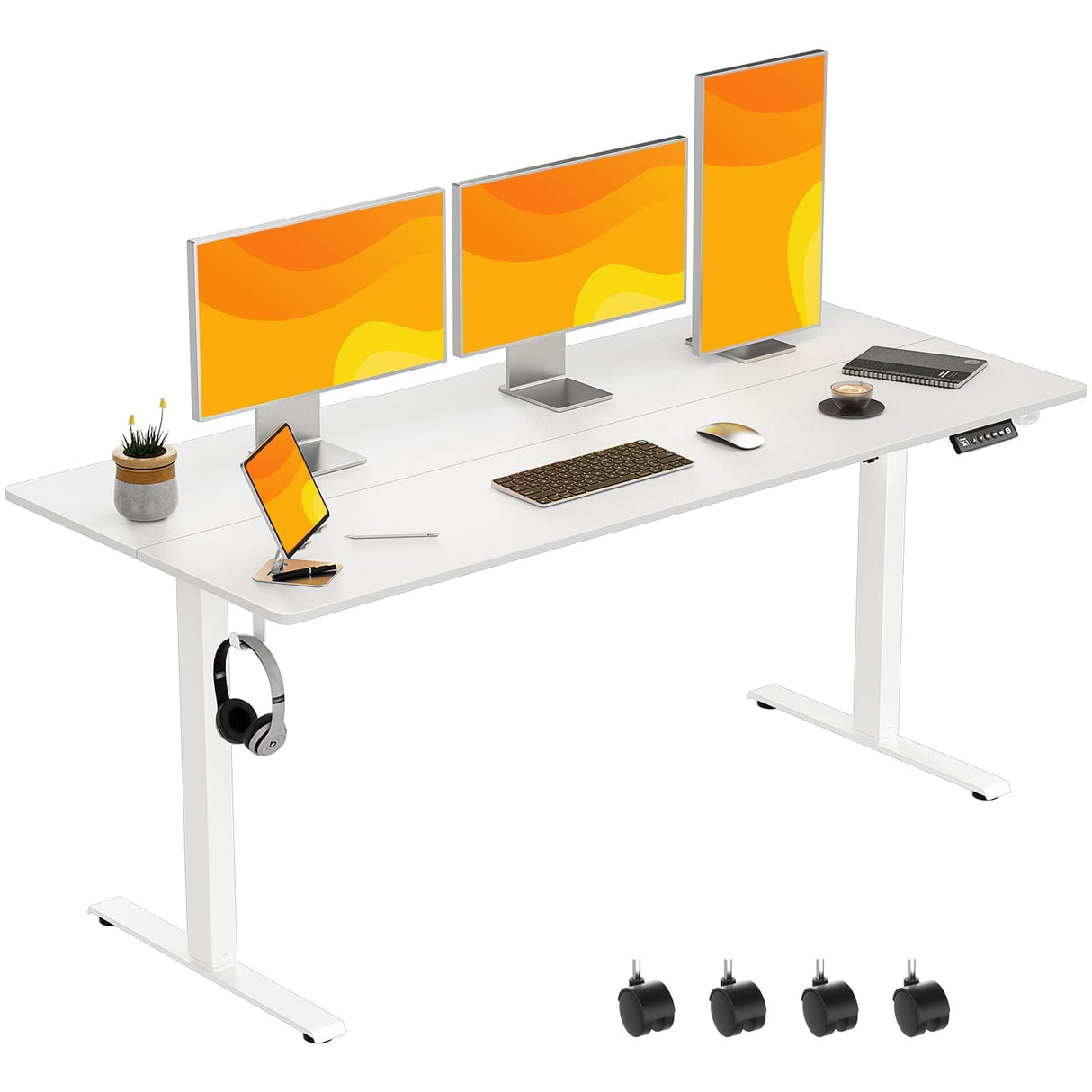 VVENACE 63 x 28 Inch Electric Standing Desk Adjustable Height,Sit Stand Up Desk with Wheels,Home Office,Rising Desk,Computer Workstation, Gaming Work (Spliced Desktop,White) VVENACE