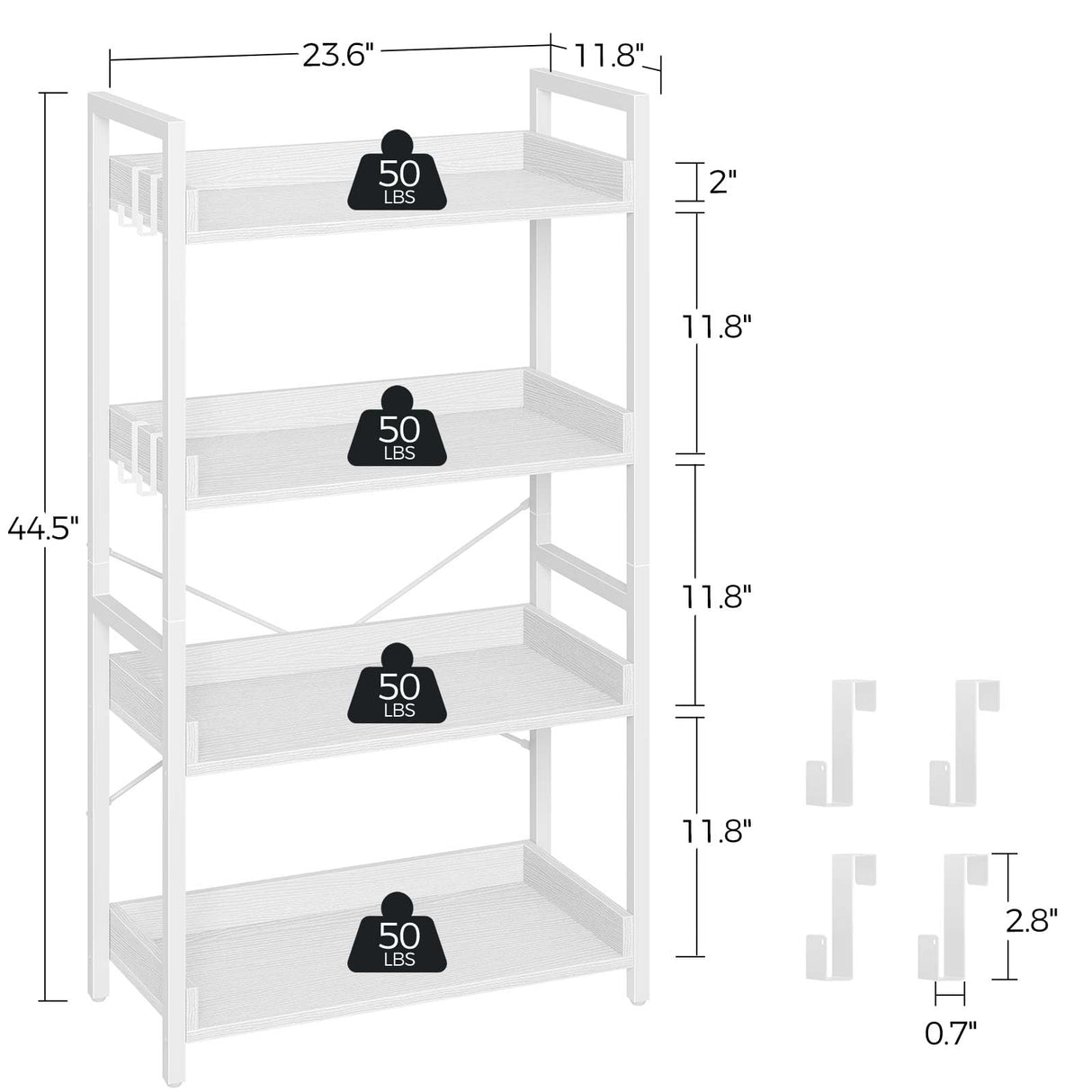 Rolanstar Bookshelf 4 Tier with 4 Hooks, Industrial Wood Bookcase, Vintage Storage Rack with Open Shelves, Rustic Standing Bookshelves Metal Frame Display Rack for Living Room, Bedroom, White Rolanstar