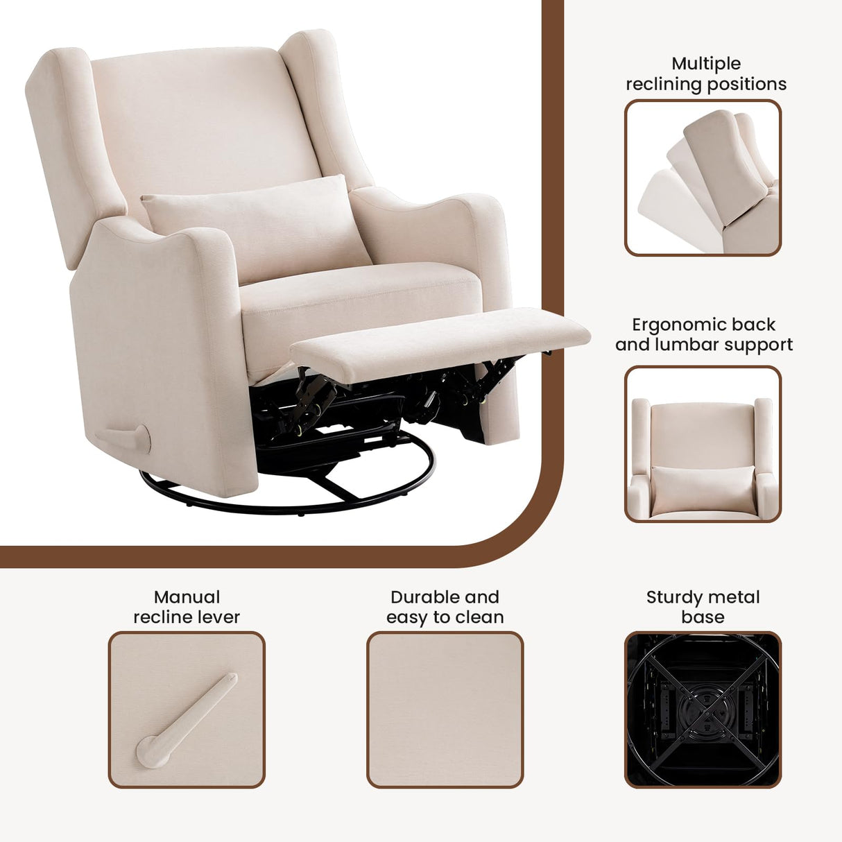 Harkawon Wingback Glider Rocking Recliner, Swivel Rocker Recliner Chair, Nursery Rocking Chair, Fabric Chair with Lumber Support, High Back, Deep Seat, for Living Room, Bedroom, Beige Harkawon