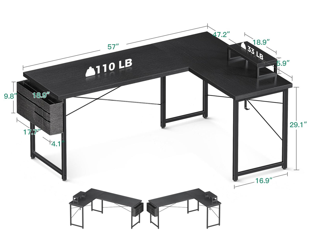 Casaottima L Shaped Computer Desk with Storage Bag, 57.5 Inch Reversible Gaming Desk, Home Office Corner Desk with Monitor Shelf, Space-Saving Writing Workstation Desk, Easy to Assemble, Black Casaottima