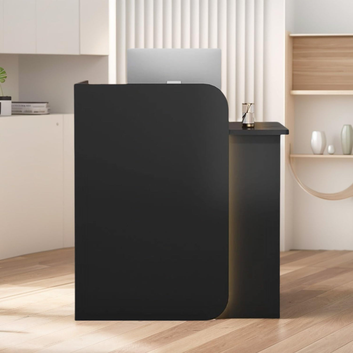 HEOTJUUQ Modern Reception Desk with Curved Privacy Panel & LED Light Strip, Lockable Drawers, 6 Color Options Front Counter Desk, Retail Checkout Counter for Salon, Office, Boutique(Black) HEOTJUUQ