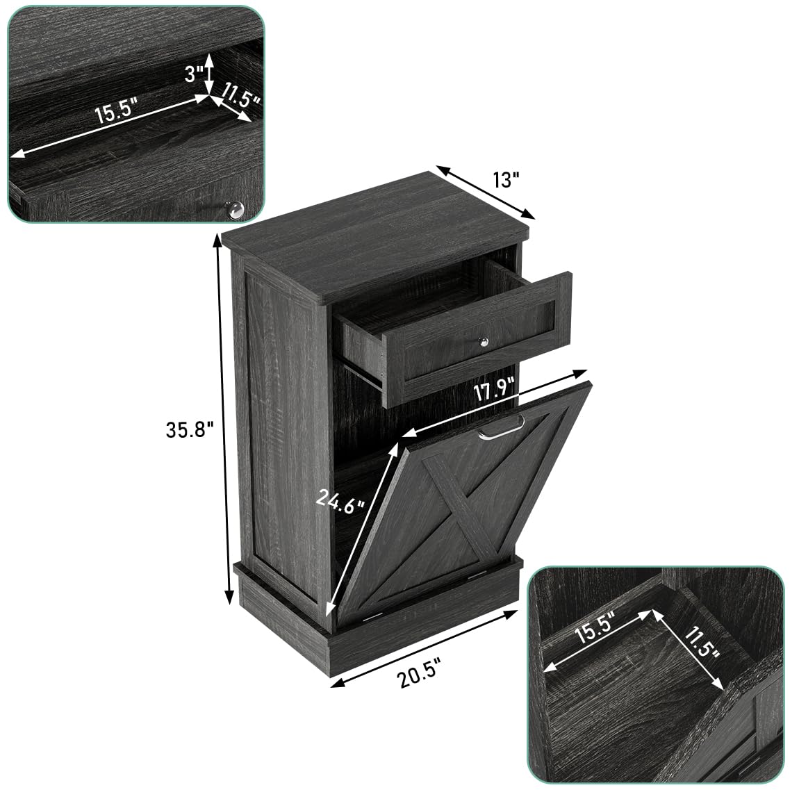 TOLEAD Tilt Out Trash Cabinet Free Standing 10 Gallon Wooden Trash Can Cabinet with Barn Door for Farmhouse Kitchen,Living Room, Dining Room, Oak Grey TOLEAD