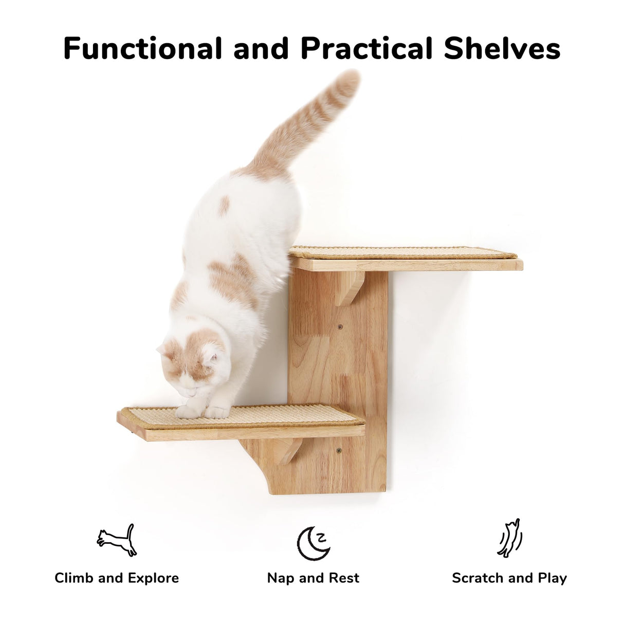 FUKUMARU Cat Wall Shelves, 2 Platform Cat Wall Furniture, Tree Shape Wall-Mounted Cat Floating Shelf with Sisal Mat, Solid Rubber Wood Cat Perch for 16 Inch Drywall, Suitable for Climb, Play, Nap FUKUMARU