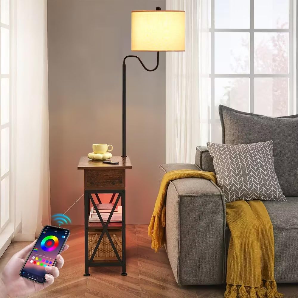 Dungoo Floor Lamp with Table, Narrow End Table with LED Lights Remote Control, Nightstand with USB & AC Outlets, Fliptop Storage Shelf End Table with Lamp Attached for Living Room Dungoo