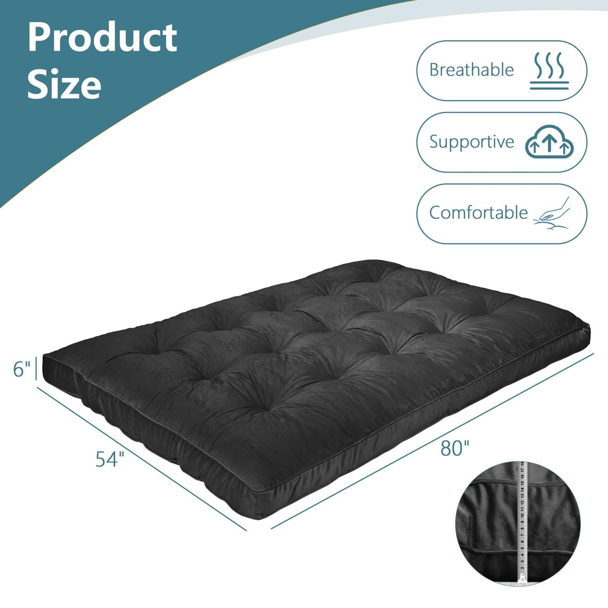 OGEMXU Futon Mattres Full Size 6",Flannel Floor Foldable for Adults,Floor Futon Mattress,High Density Shredded Foam Filling Mattress for Bedroom,Living (Frame Not Included), 54 x 80,Black OGEMXU