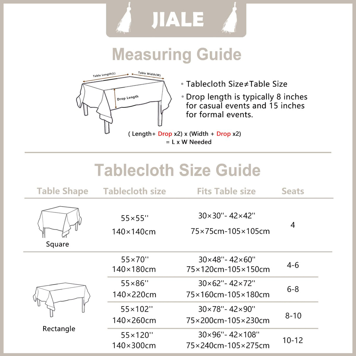 JIALE Table Cloth Rectangle Table, Heavy Duty Cotton Linen Waterproof Tablecloths Farmhouse Tablecloth, Soft and Wrinkle Free Table Cover with Tassels, Square, 55''x55'', 4 Seats JIALE