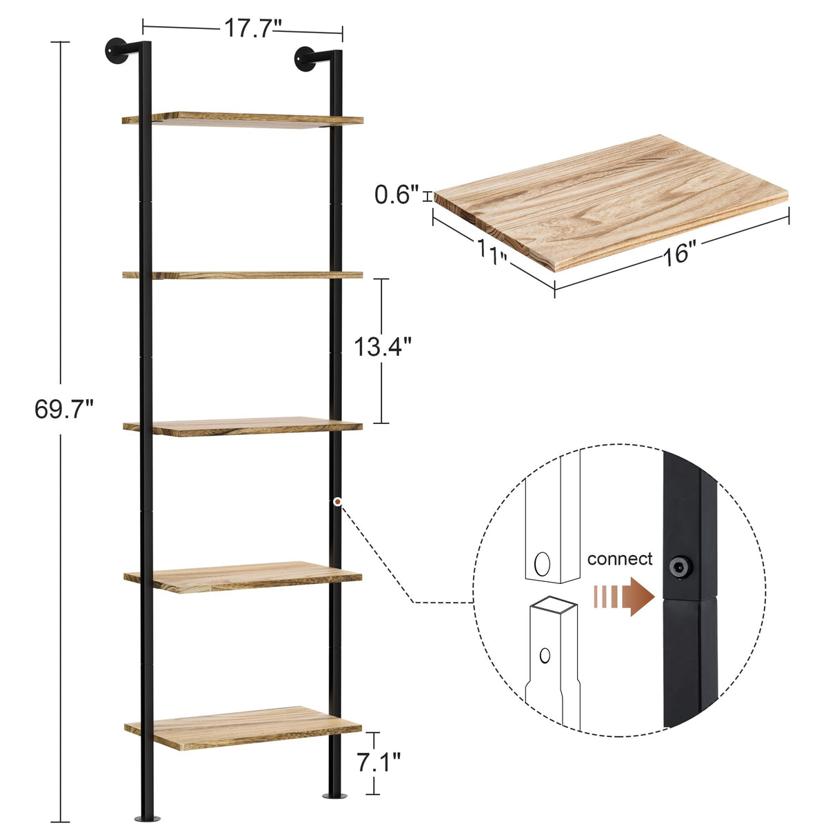 5-Tier Bookshelf Solid Wood Ladder Shelf, Narrow Book shelf Display Shelf, Wooden Ladder Shelf Bookcase, Wall Mount Ladder Shelf, Storage Rack for Living Room, Bedroom, Industrial Style, Rustic Brown Acovy