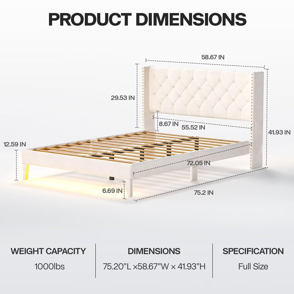 Lihimte Full Size Bed Frame with Led Lights, Upholstered Velvet Platform Bed Frames with Button Tufted Wingback Headboard and Footboard, Wooden Slats Support, No Box Spring Needed, Beige Lihimte