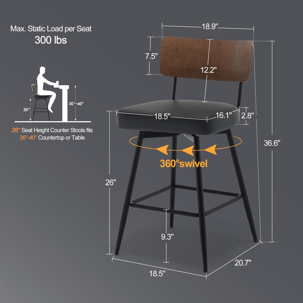 Bekrvio Counter Height Swivel Bar Stools Set of 3, Upholstered Faux Leather Barstools with Wood Backs and Metal Legs, 26" Seat Height Counter Bar Stool for Kitchen Island, Black Bekrvio