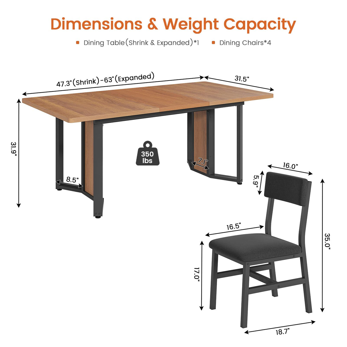 Itaar 5-Piece Dining Table Set for 4-6 People, 63" Extendable Kitchen Table and 4 Cushion Chairs, Dining Room Table with MDF Board & Metal Frame for Small Space, Easy Clean, Brown Itaar