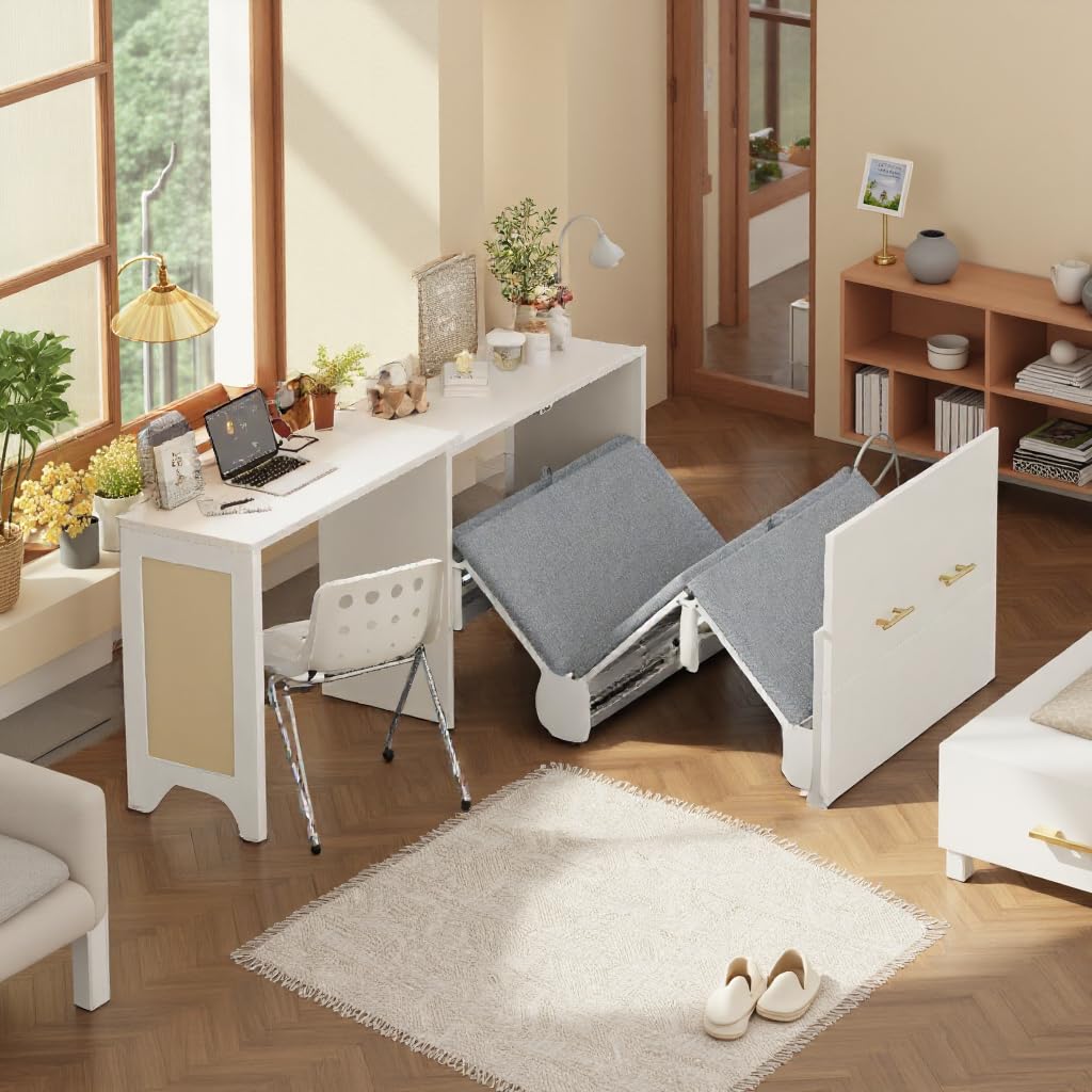 LUMISOL Twin Size Murphy Cabinet Bed with Desk, Wood Murphy Bed with Foldable Cushion for Guest Room, Small Space, White LUMISOL