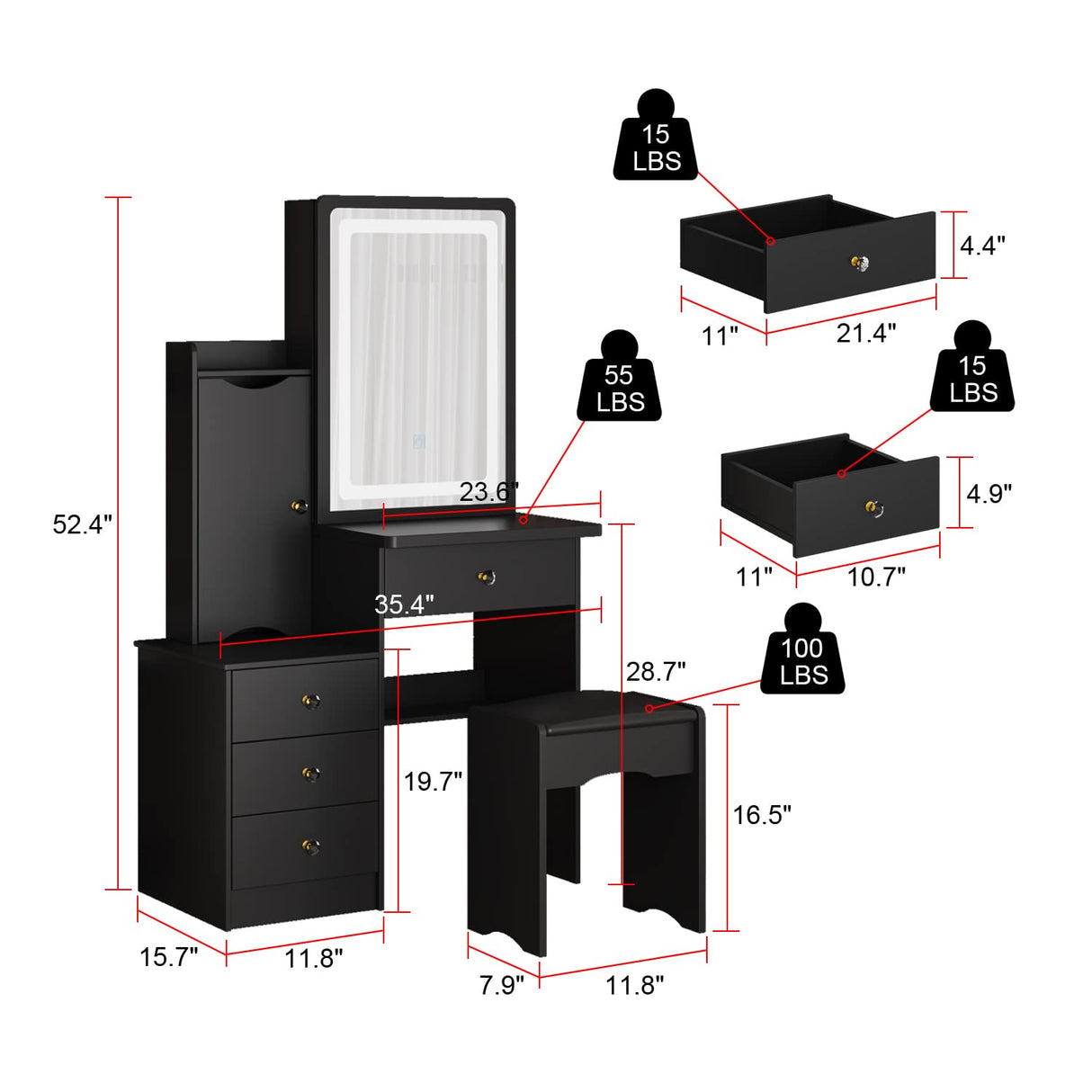 Homsee Vanity Desk Set Makeup Table with Large Sliding Lighted Mirror, Dressing Table with 4 Drawers, Hidden Storage Shelves & Cushioned Stool for Bedroom, Black Homsee