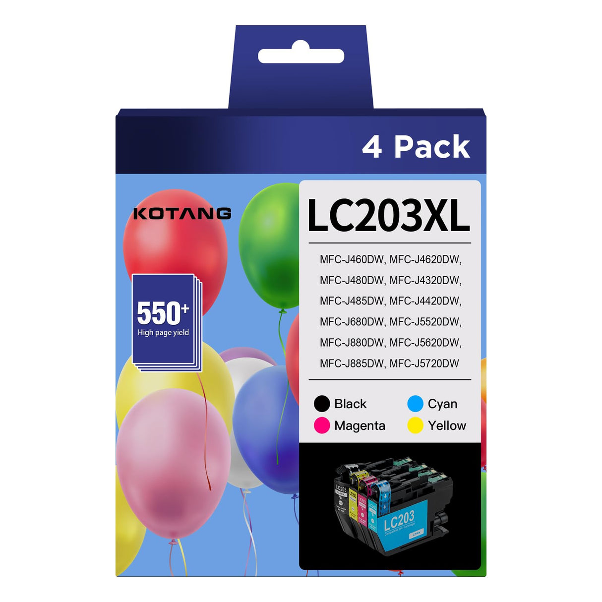 KOTANG LC203XL LC201 Ink Cartridges Compatible for Brother LC203 LC201 High Yield Work with Brother MFC-J480DW MFC-J880DW MFC-J4420DW MFC-J680DW Printer (BK/CMY, 4 Pack) KOTANG