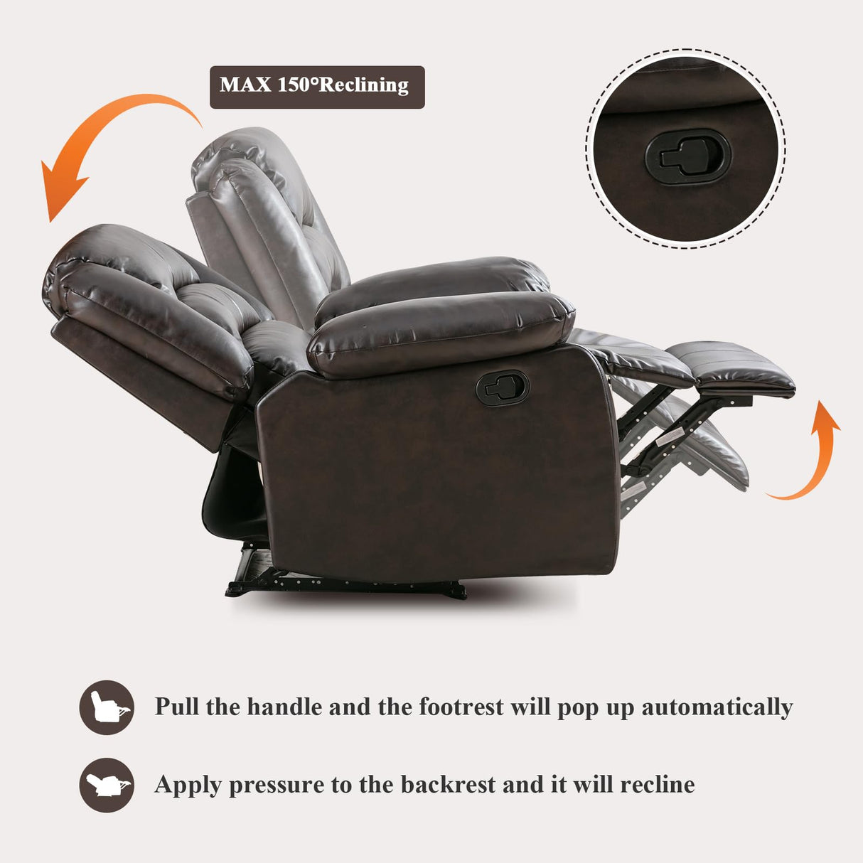 ANJ Manual Recliner Chair, Breathable Faux Leather Reclining Chairs with Overstuffed Arm and Back, Living Room Single Sofa Recliners (Dark Brown) ANJ