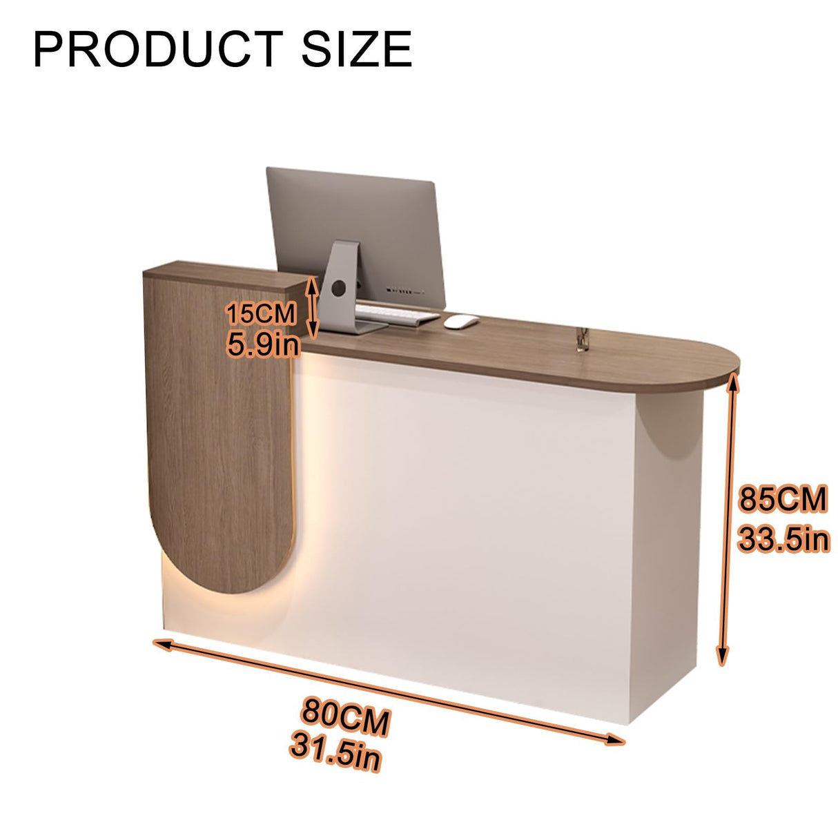 Modern Reception Desk with LED Light Front Counter Commercial Receptionist Table with Lockable Drawer for Home Office Checkout Lobby Beauty Salon(Wood Color - Right) KUKIXKK