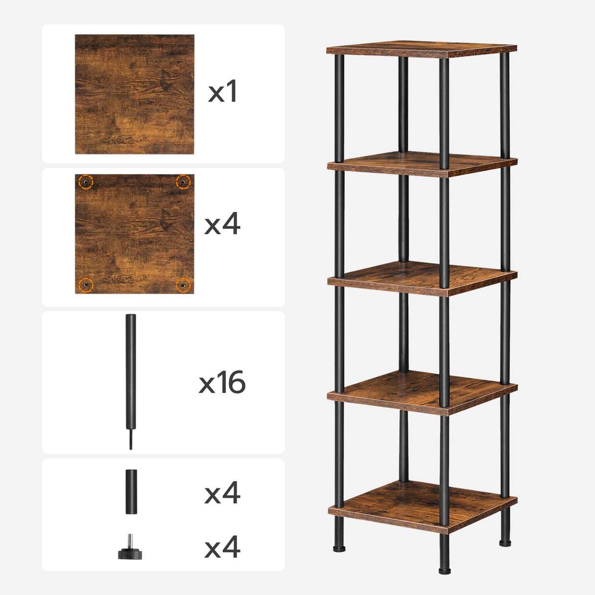 HOOBRO 5-Tier Corner Shelf Stand, Corner Square Rack Display Shelf, Tall Storage Plant Stand, Bookcase for Small Spaces, Living Room, Home Office, Kitchen, Rustic Brown and Black BF50CJ01 HOOBRO