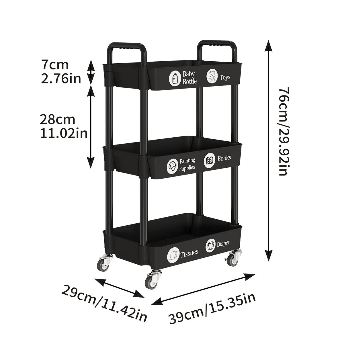 Laiensia 3-Tier Kitchen Storage Cart,Multifunction Utility Rolling Storage Organizer,Mobile Shelving Unit Cart with Lockable Wheels for Bathroom,Laundry,Living Room,With Classified Stickers,Black Laiensia