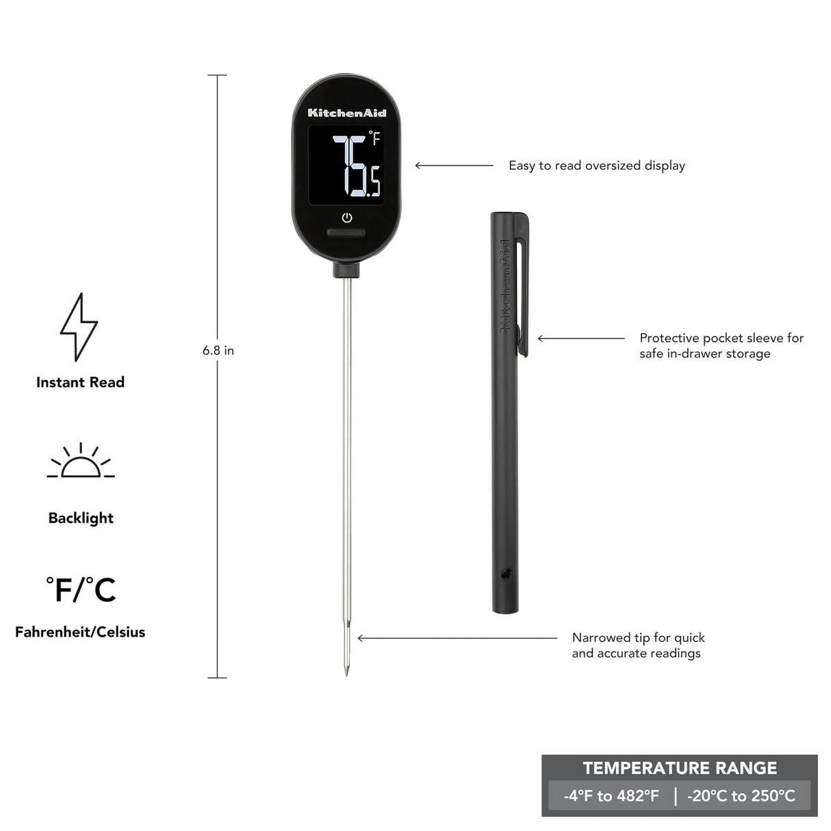 KitchenAid KQ910 Backlit Instant Read Digital Food Kitchen Grill Thermometer, Meat, and Cooking Wireless Thermometerer, Black KitchenAid