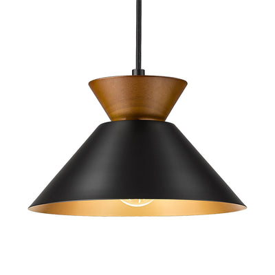 ELYONA Modern Pendant Light Kitchen Island, 10" Solid Wood Hanging Lamp with Matte Black Metal Shade & Gold Inner Finish, Farmhouse Pendant Light Fixtures for Dining Room Bedroom Living Room Hallway