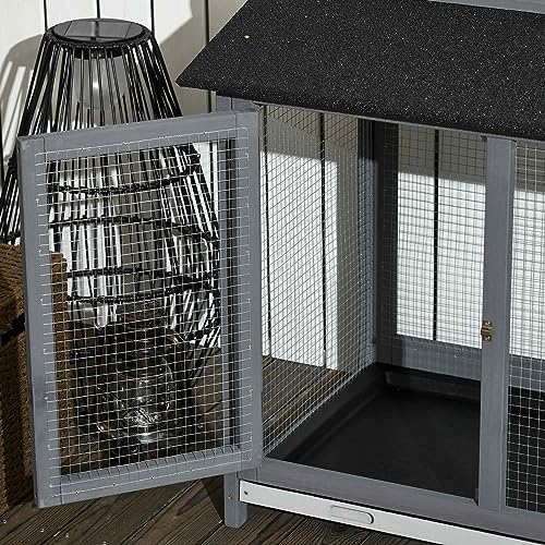 PawHut 90.5" Wooden Rabbit Hutch Bunny Cage Pet Playpen House Enclosure with Double Side Run Boxes, No Leak Tray, Ramp, for Guinea Pig and Small Animals, Light Gray PawHut