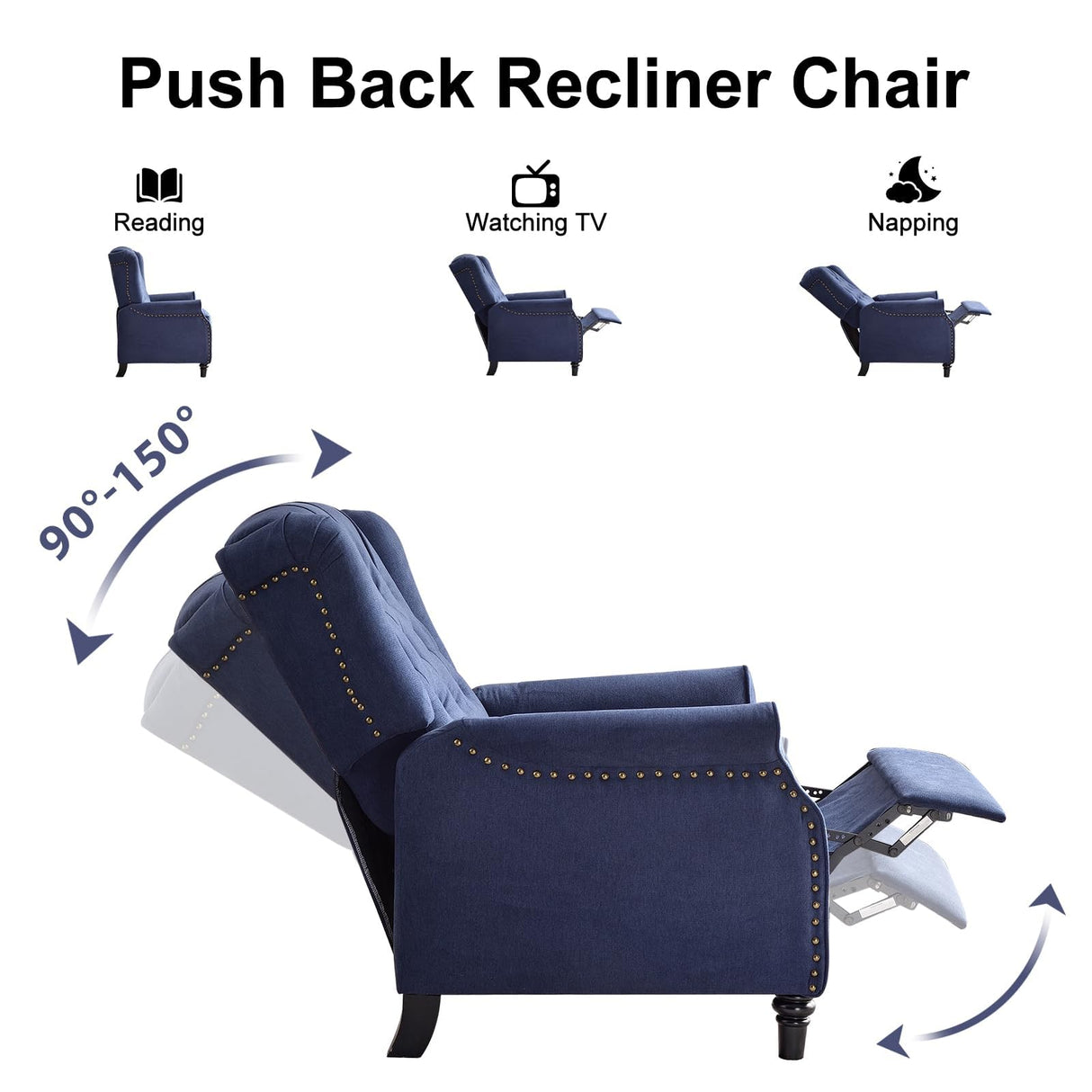 EBELLO Pushback Recliner Chair, Fabric Armchair Push Back Recliner with Rivet Decoration, Single Sofa Accent Chair for Living Room, Bedroom, Navy Blue EBELLO