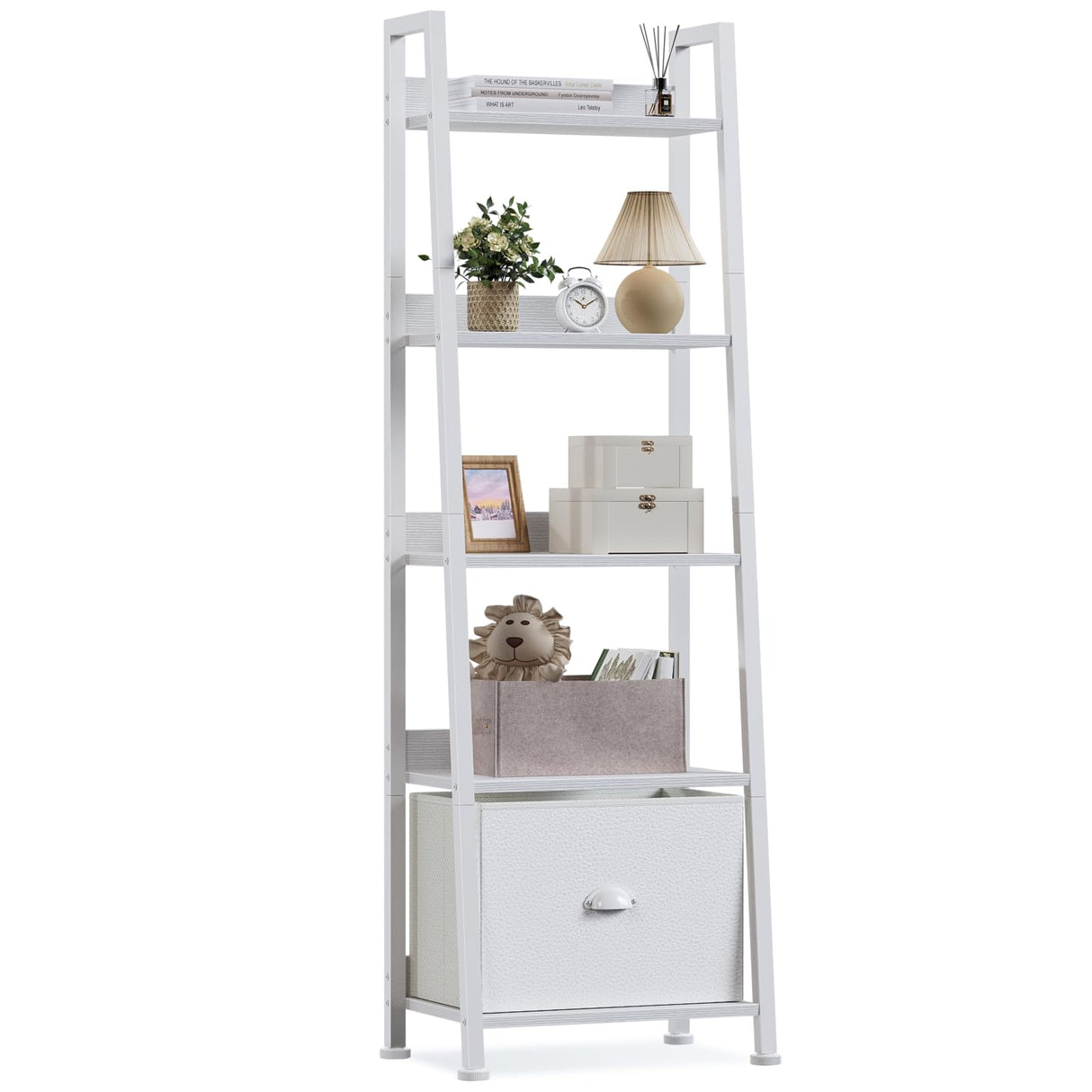 Furologee 5-Tier White Ladder Shelf, Ladder Bookshelf with Removable Drawer, Mordern Bookcase Storage Rack Organizer, Wood Metal Freestanding Storage Shelves for Living Room, Home Office, Bedroom Furologee