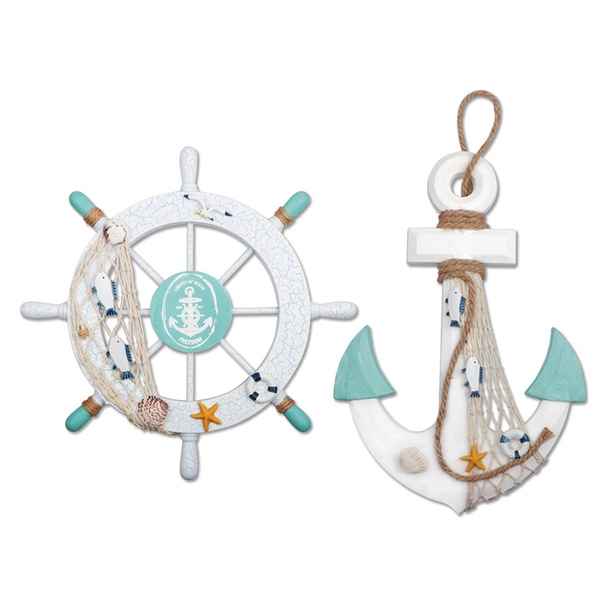 2 Pack 11" Nautical Beach Wooden Ship Wheel and 13" Wood Anchor with Rope Nautical Boat Steering Wheel Rudder Anchor Wall Decor Door Hanging Ornament Beach Theme Home Decoration(White&Green) Meching