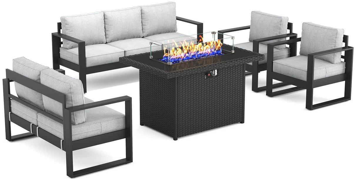 Vakollia Outdoor Aluminum Furniture Set with Fire Pit Table - 5 Pieces Modern Patio Conversation Sets Metal Sectional Sofa Set Vakollia